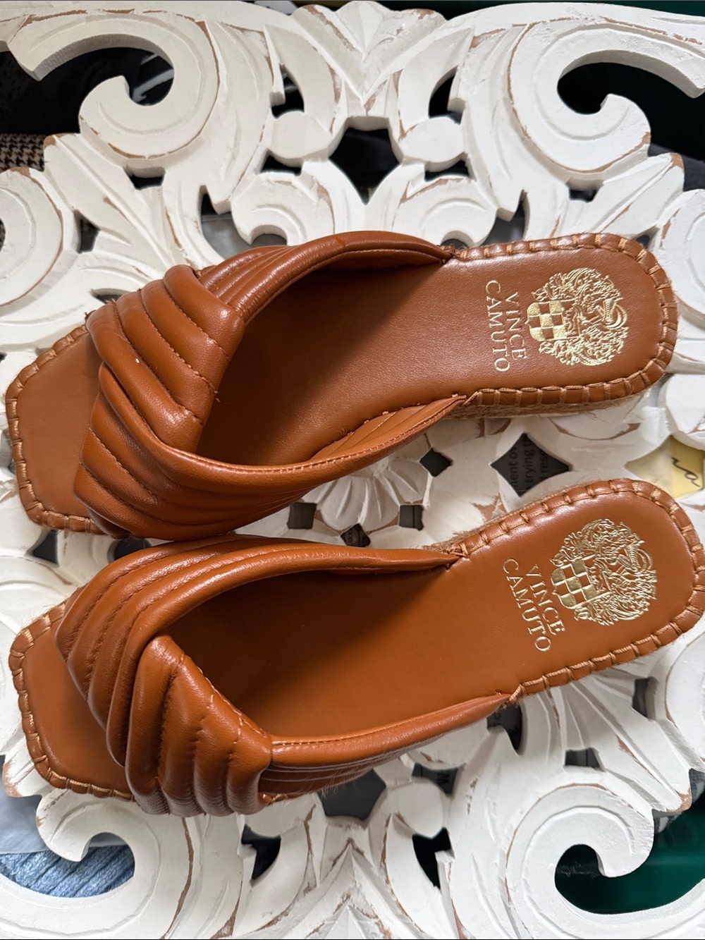 Vince Camuto Quilted Slide Mules in Cognac Brown